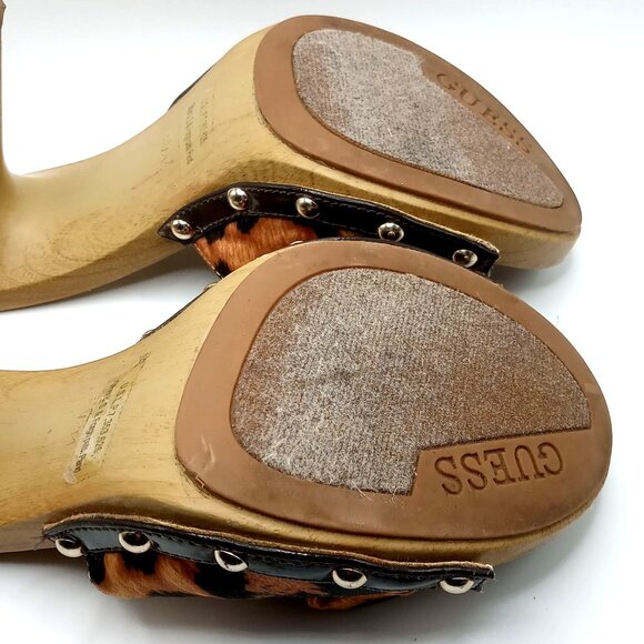 Women 6.5M Guess Leopard Animal Print Wooden Wedge Clog Platform Heels Sandals - Picture 9 of 12